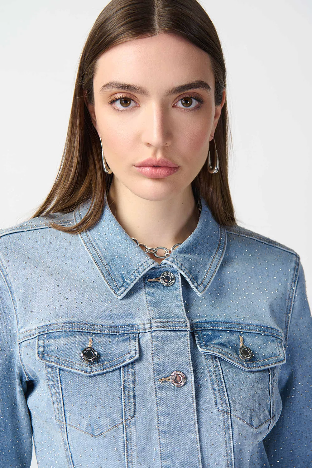 Joseph Ribkoff Fitted Denim Jacket With Allover Rhinestones Jr241914