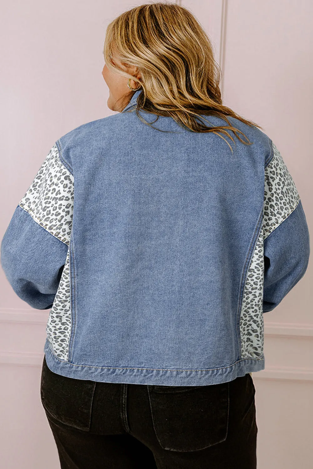 KaleaBoutique Leopard Patchwork Flap Detail Plus Size Denim Jacket