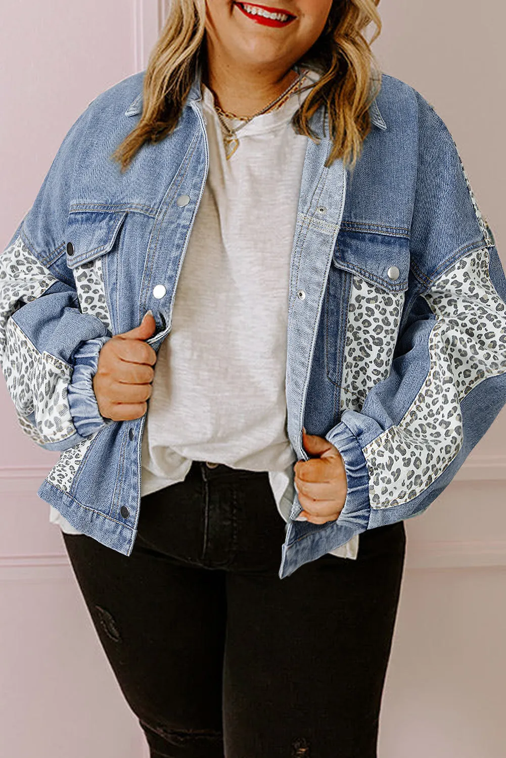 KaleaBoutique Leopard Patchwork Flap Detail Plus Size Denim Jacket