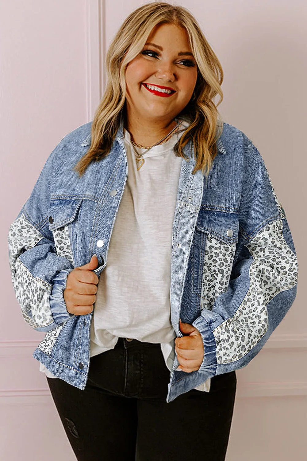 KaleaBoutique Leopard Patchwork Flap Detail Plus Size Denim Jacket