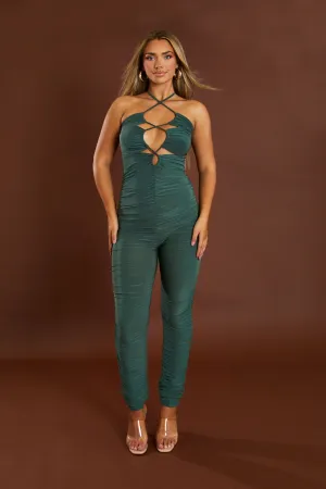 Khaki Ruched Lace Up Front Jumpsuit - Lena