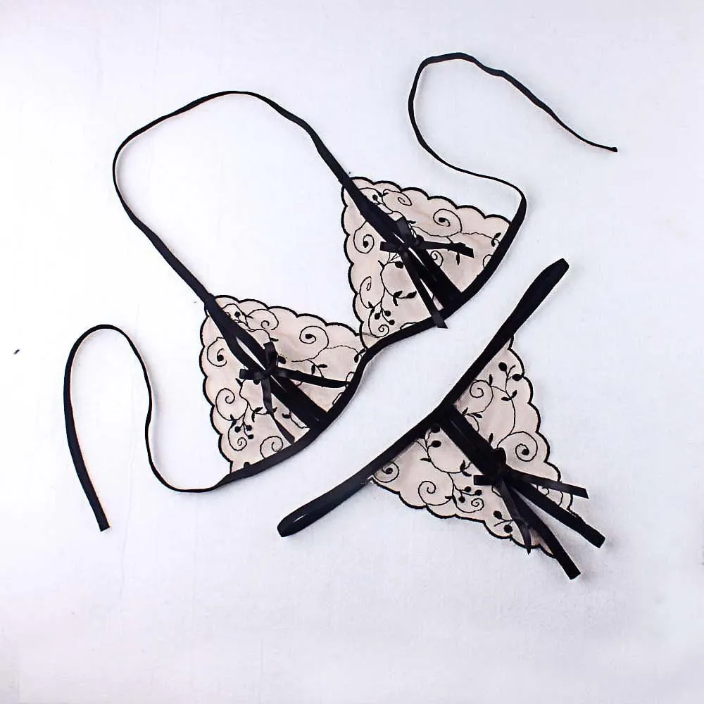 Lace Bow Lingerie Set - Flower Three Point Suit