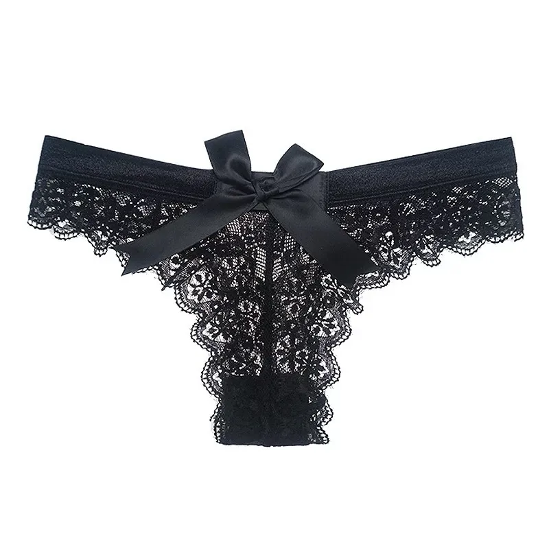 Lace T-Back Thong Panty with Satin Trim and Bow Detail - Lace/Spandex/Satin Fabric