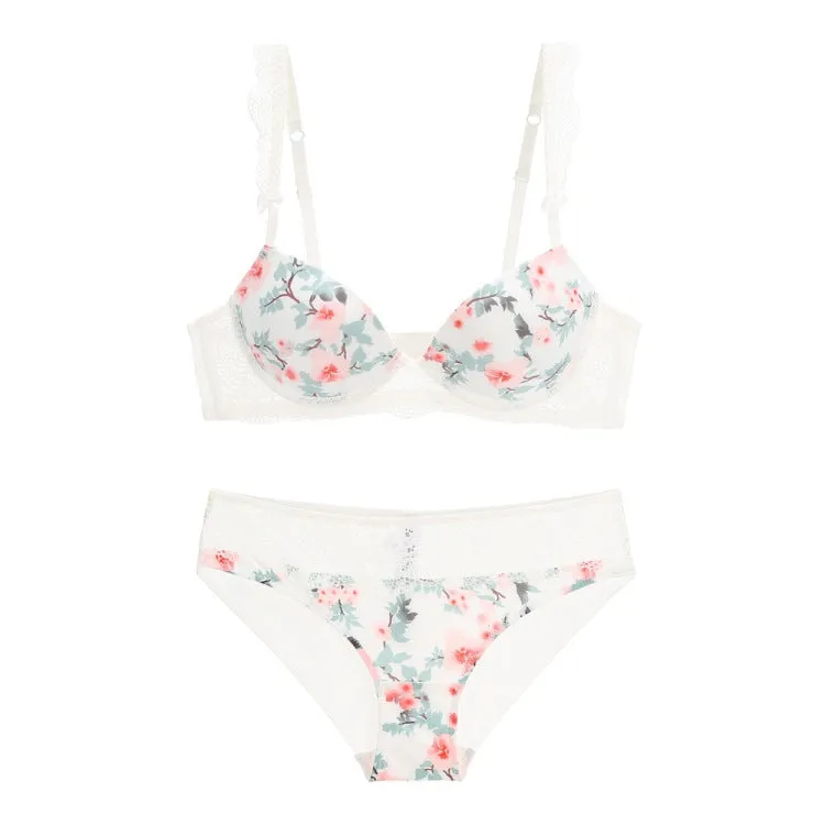Lace Wireless Comfortable Breathable Lingerie Adjusted Floral Bralette Bras Set