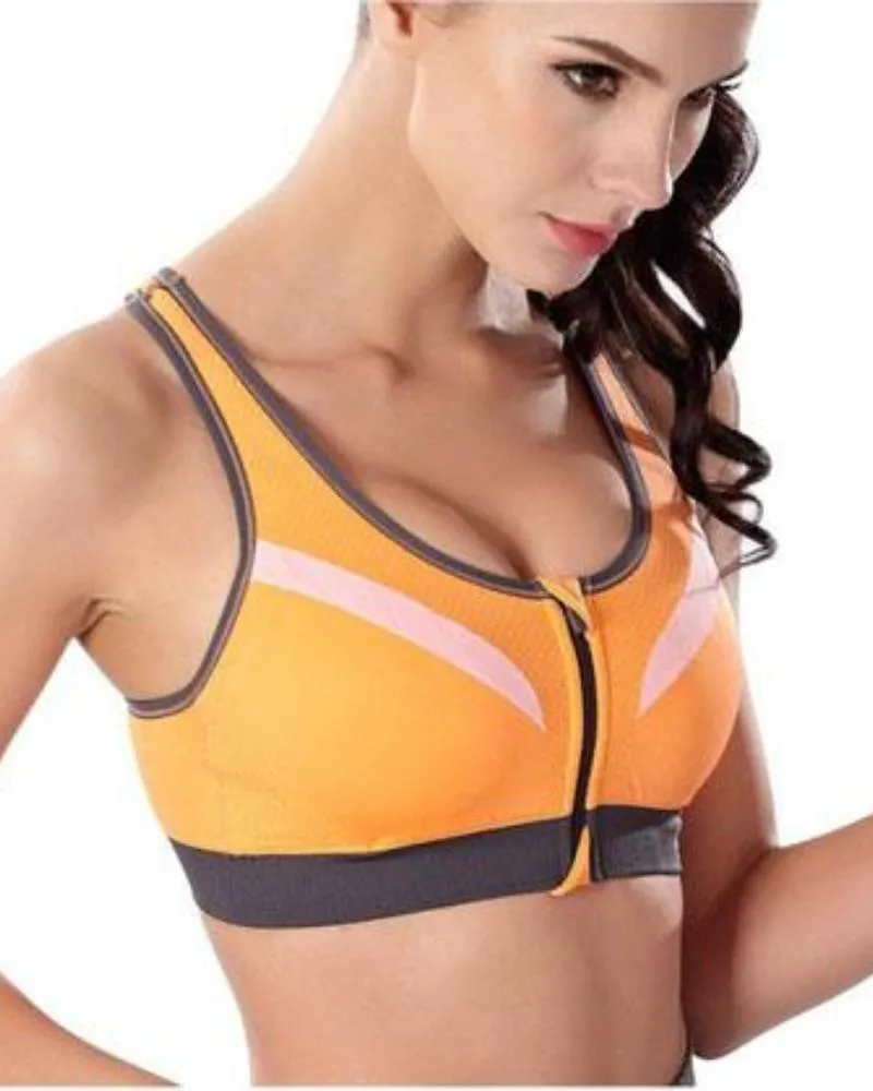 Ladies Shockproof Bra - Sports Bra - Orange Zipper Sports Bra - Padded Sports Bra