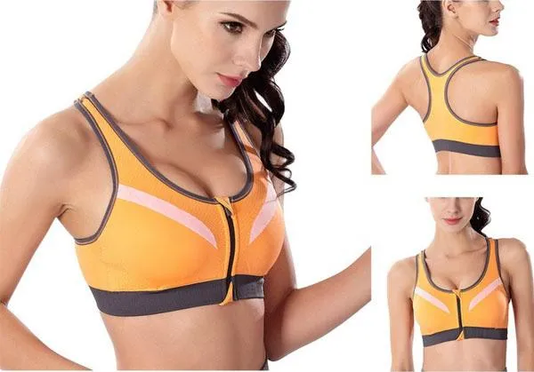 Ladies Shockproof Bra - Sports Bra - Orange Zipper Sports Bra - Padded Sports Bra