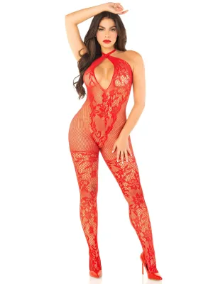 Leg Avenue Red Seamless Net and Lace Lingerie Jumpsuit - With Keyhole Crossover Halter - Os