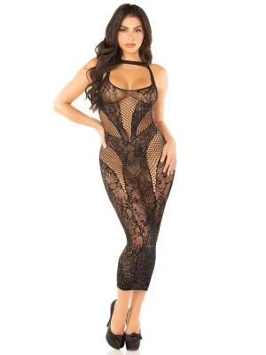 Leg Avenue Seamless Rhinestone Lace and Net Body Con Dress -  Os - Black
