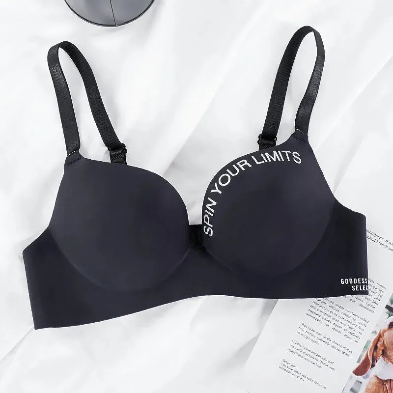 Letter Pattern Seamless Push-Up Bralette - Wireless Three Quarters Cup Lingerie for Women