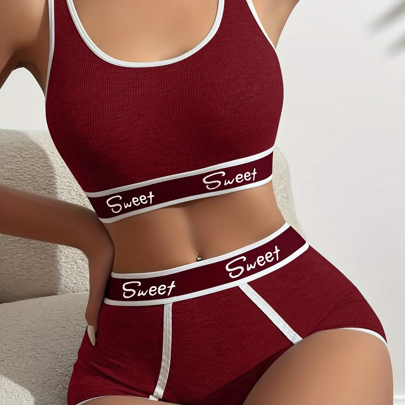 Letter Print Bra & Panties Set - Push Up Sports Bra with Elastic Panties, Women's Lingerie
