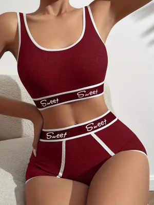 Letter Print Bra & Panties Set - Push Up Sports Bra with Elastic Panties, Women's Lingerie