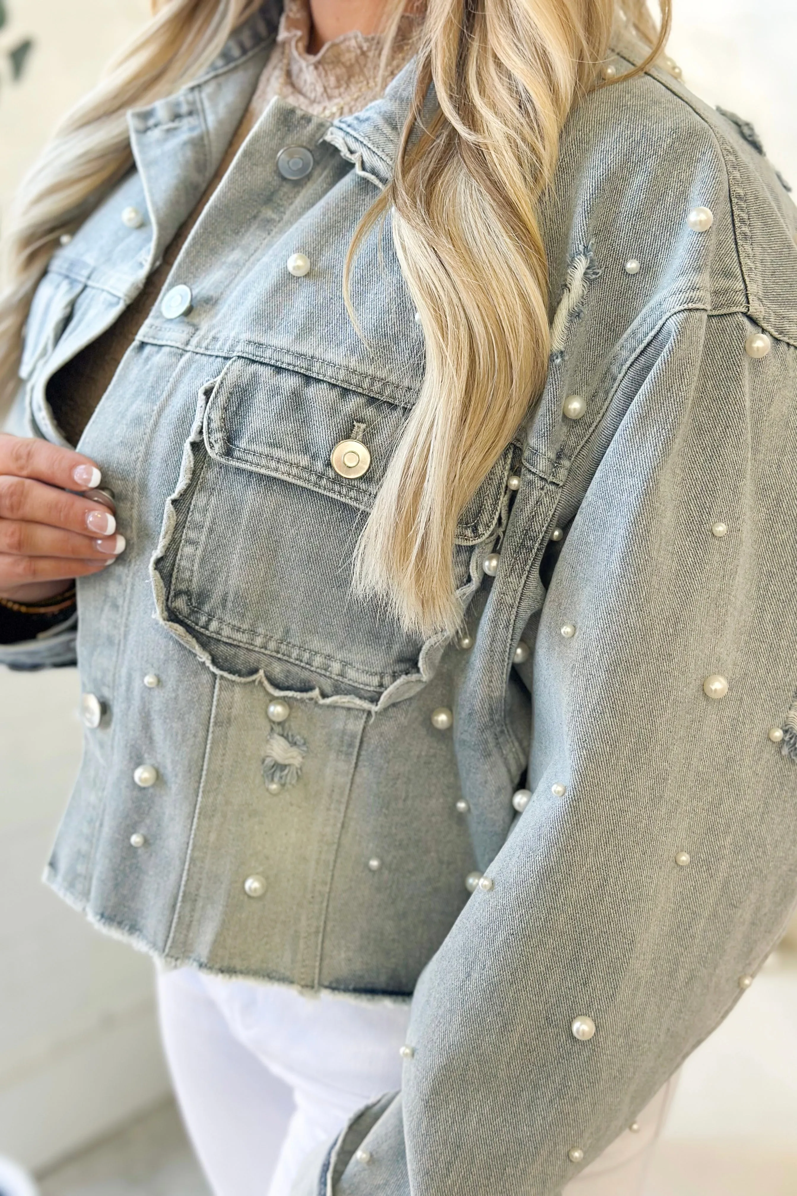 Light Denim Pearl Detail Jacket