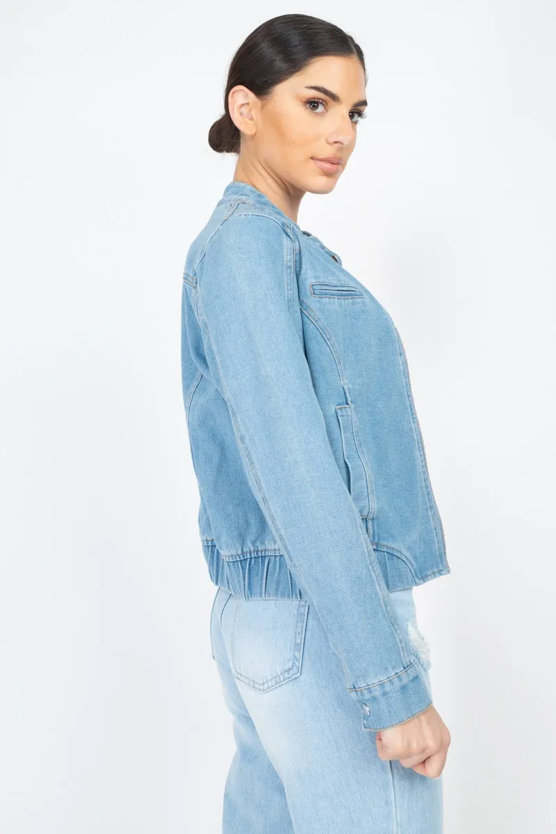 Long Sleeves Funnel Neck Denim Jackets