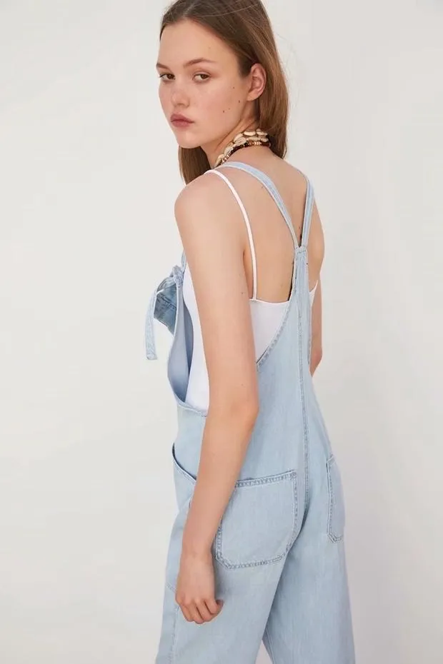 Loose Denim Pockets Strap Overalls Jumpsuits