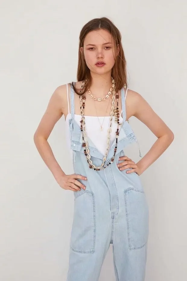 Loose Denim Pockets Strap Overalls Jumpsuits