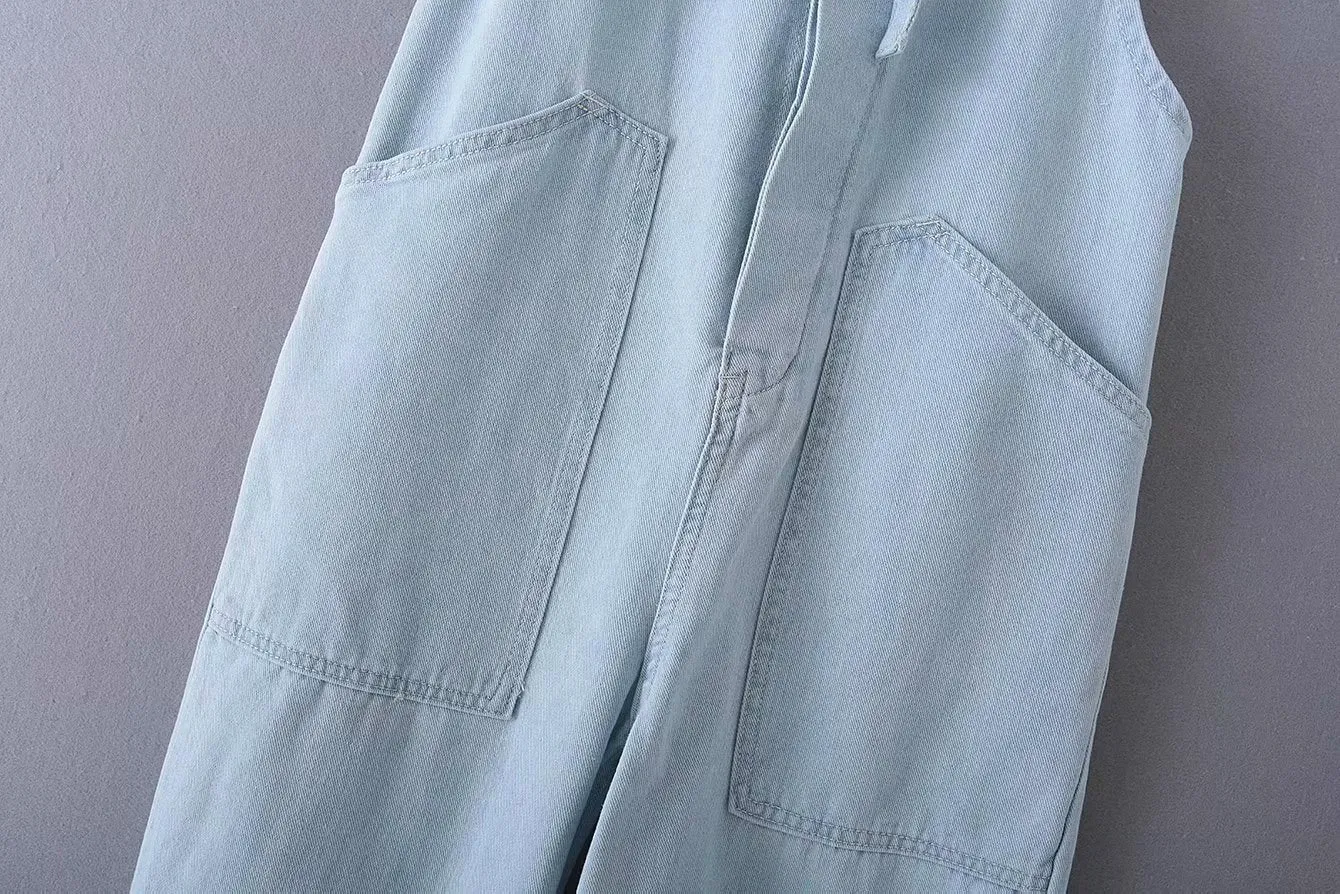 Loose Denim Pockets Strap Overalls Jumpsuits