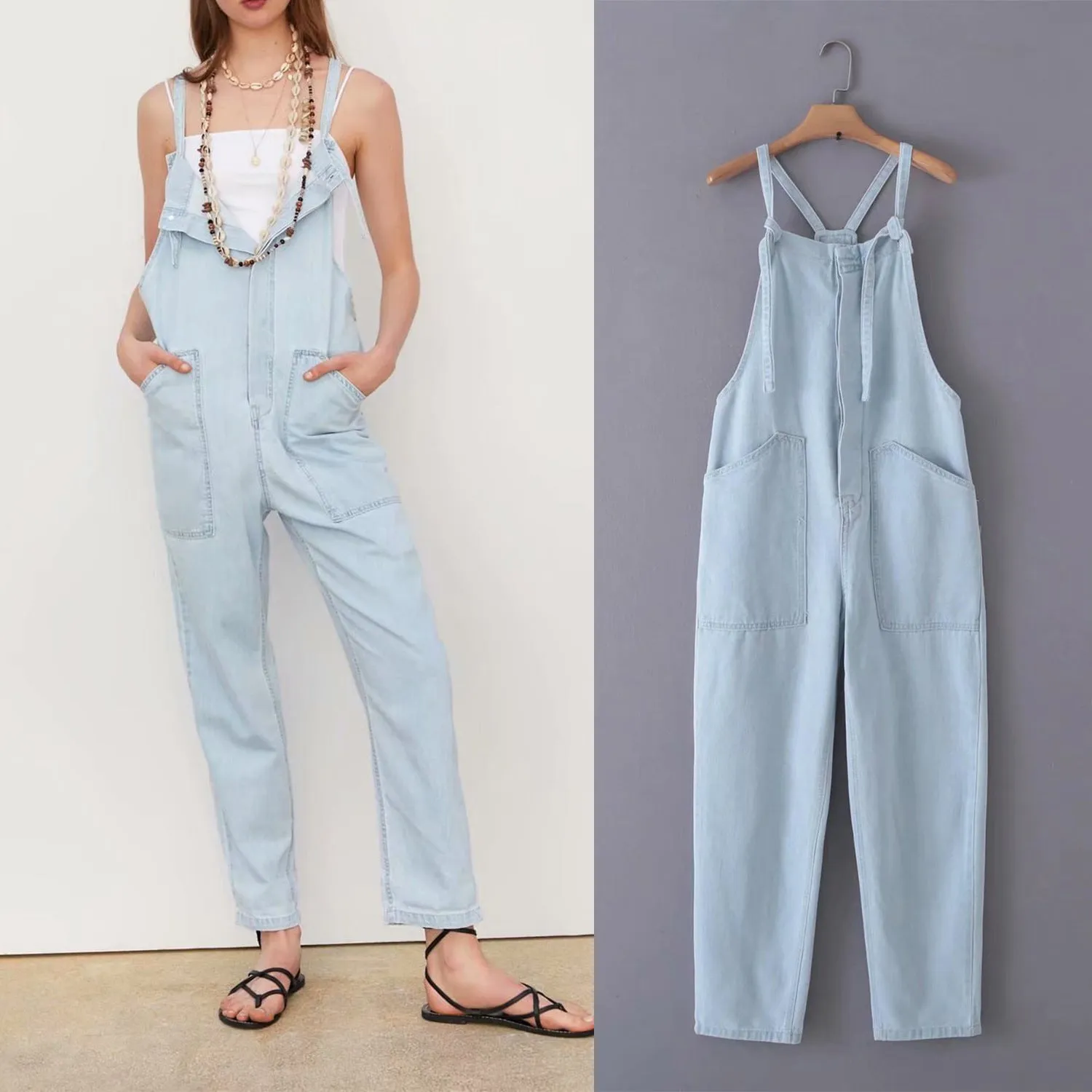Loose Denim Pockets Strap Overalls Jumpsuits