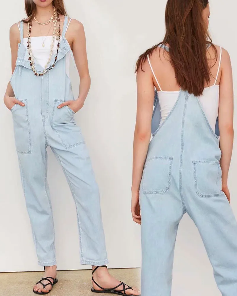 Loose Denim Pockets Strap Overalls Jumpsuits