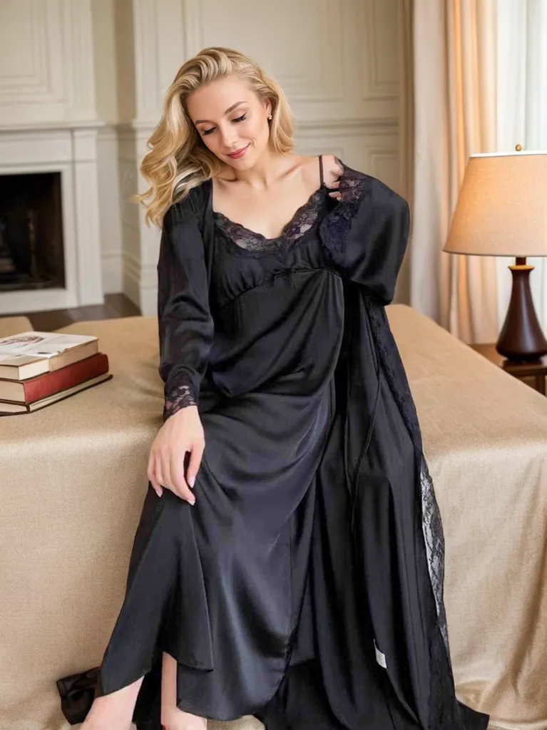 Luxury Satin & Lace Long Nightgown with Robe – Elegant Loungewear