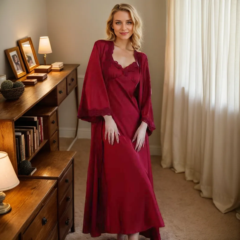Luxury Satin & Lace Long Nightgown with Robe – Elegant Loungewear