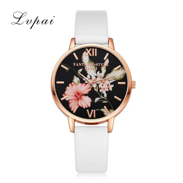 Lvpai Brand Women Bracelet Watch Fashion Rose Gold Flowers Leather Simple Women Dress Watches Luxury Business Gift Clock Watch