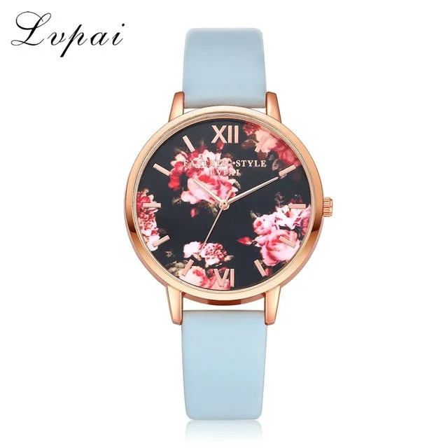 Lvpai Brand Women Bracelet Watch Fashion Rose Gold Flowers Leather Simple Women Dress Watches Luxury Business Gift Clock Watch
