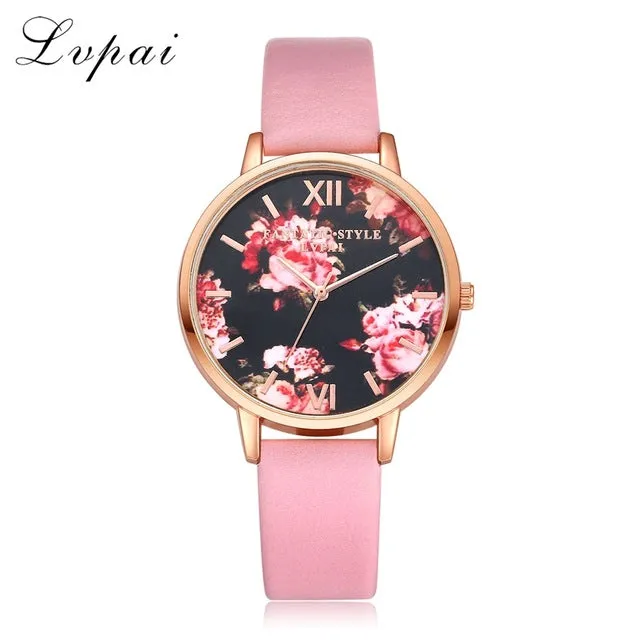 Lvpai Brand Women Bracelet Watch Fashion Rose Gold Flowers Leather Simple Women Dress Watches Luxury Business Gift Clock Watch