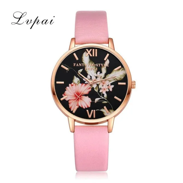 Lvpai Brand Women Bracelet Watch Fashion Rose Gold Flowers Leather Simple Women Dress Watches Luxury Business Gift Clock Watch