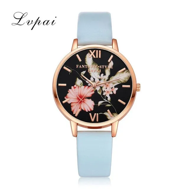 Lvpai Brand Women Bracelet Watch Fashion Rose Gold Flowers Leather Simple Women Dress Watches Luxury Business Gift Clock Watch