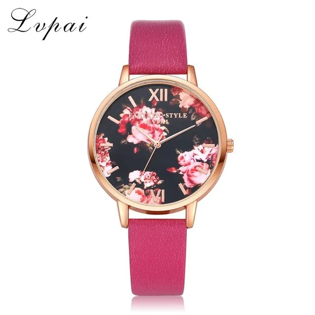 Lvpai Brand Women Bracelet Watch Fashion Rose Gold Flowers Leather Simple Women Dress Watches Luxury Business Gift Clock Watch