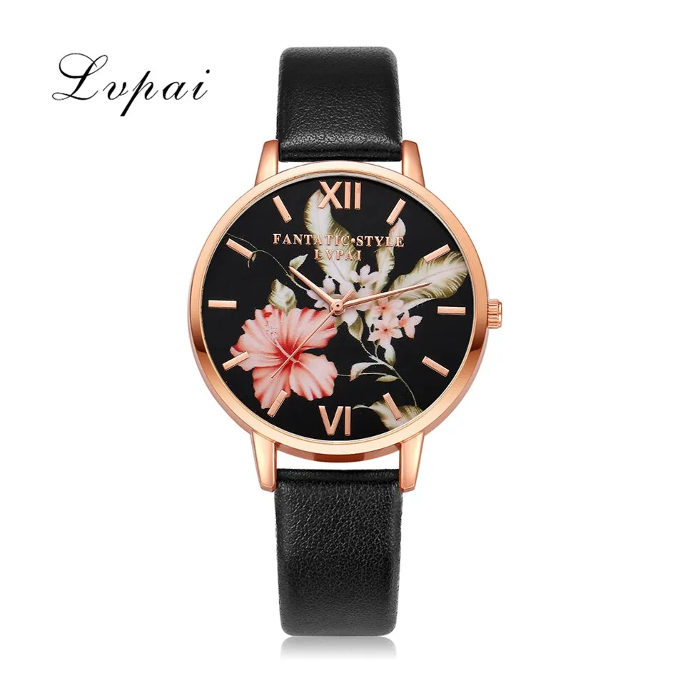 Lvpai Brand Women Bracelet Watch Fashion Rose Gold Flowers Leather Simple Women Dress Watches Luxury Business Gift Clock Watch