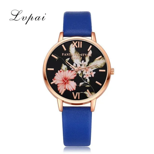 Lvpai Brand Women Bracelet Watch Fashion Rose Gold Flowers Leather Simple Women Dress Watches Luxury Business Gift Clock Watch