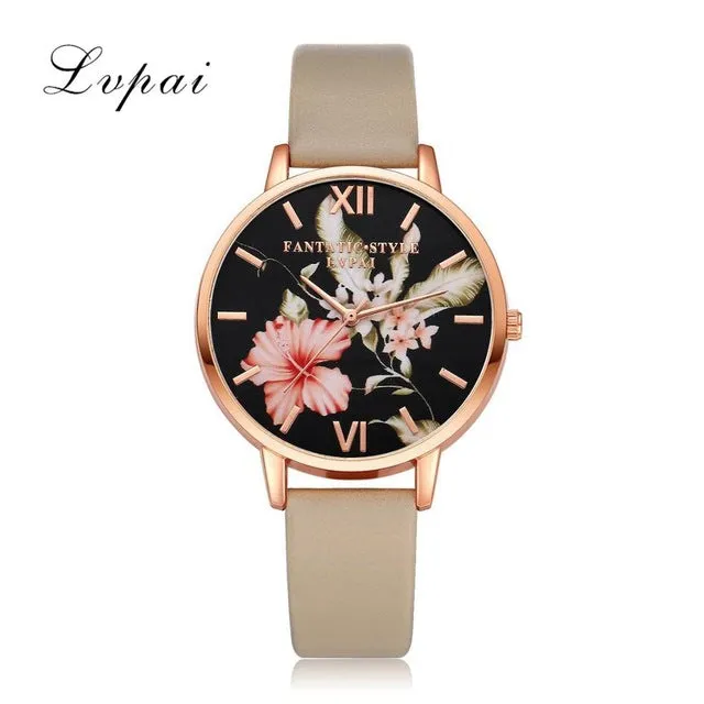 Lvpai Brand Women Bracelet Watch Fashion Rose Gold Flowers Leather Simple Women Dress Watches Luxury Business Gift Clock Watch