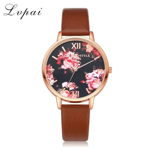 Lvpai Brand Women Bracelet Watch Fashion Rose Gold Flowers Leather Simple Women Dress Watches Luxury Business Gift Clock Watch