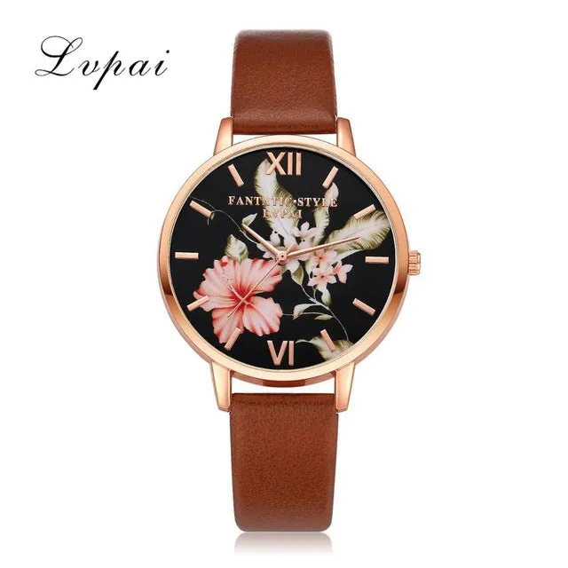 Lvpai Brand Women Bracelet Watch Fashion Rose Gold Flowers Leather Simple Women Dress Watches Luxury Business Gift Clock Watch