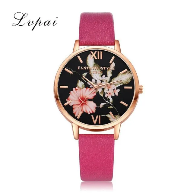 Lvpai Brand Women Bracelet Watch Fashion Rose Gold Flowers Leather Simple Women Dress Watches Luxury Business Gift Clock Watch