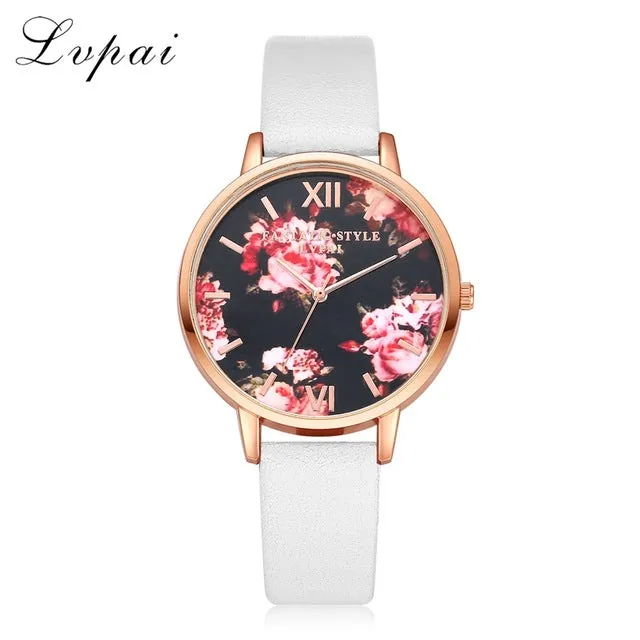 Lvpai Brand Women Bracelet Watch Fashion Rose Gold Flowers Leather Simple Women Dress Watches Luxury Business Gift Clock Watch