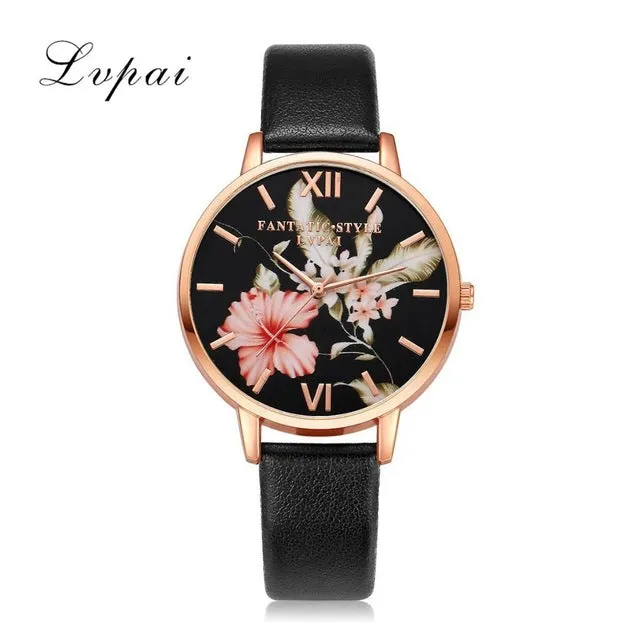 Lvpai Brand Women Bracelet Watch Fashion Rose Gold Flowers Leather Simple Women Dress Watches Luxury Business Gift Clock Watch