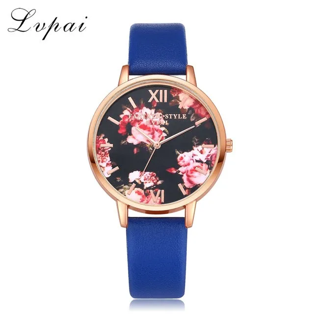 Lvpai Brand Women Bracelet Watch Fashion Rose Gold Flowers Leather Simple Women Dress Watches Luxury Business Gift Clock Watch