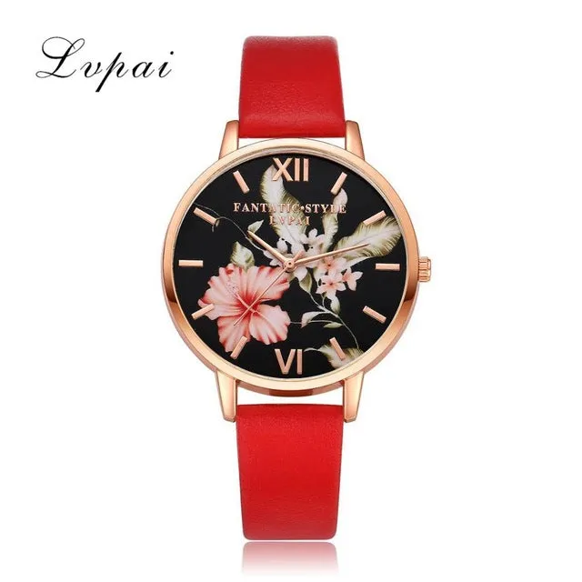Lvpai Brand Women Bracelet Watch Fashion Rose Gold Flowers Leather Simple Women Dress Watches Luxury Business Gift Clock Watch