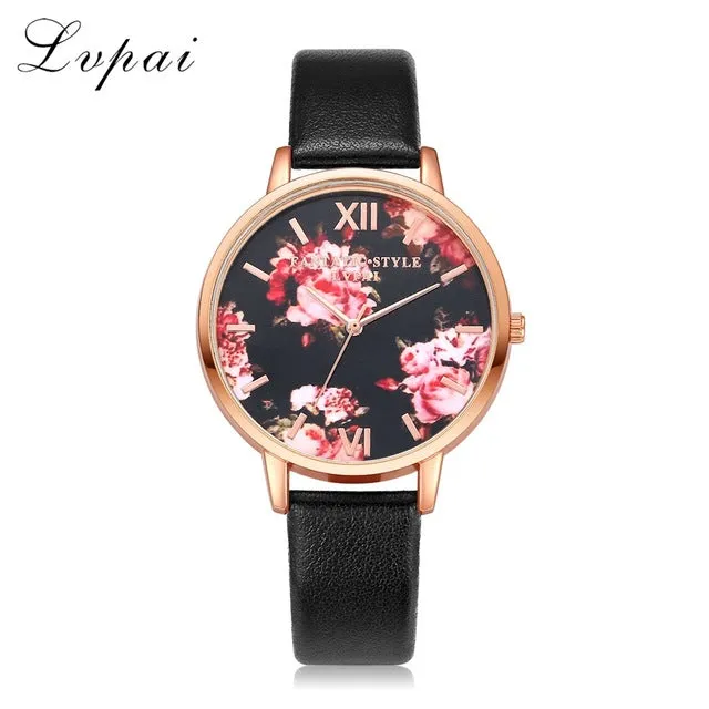 Lvpai Brand Women Bracelet Watch Fashion Rose Gold Flowers Leather Simple Women Dress Watches Luxury Business Gift Clock Watch
