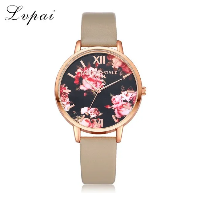 Lvpai Brand Women Bracelet Watch Fashion Rose Gold Flowers Leather Simple Women Dress Watches Luxury Business Gift Clock Watch