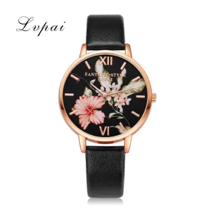Lvpai Brand Women Bracelet Watch Fashion Rose Gold Flowers Leather Simple Women Dress Watches Luxury Business Gift Clock Watch