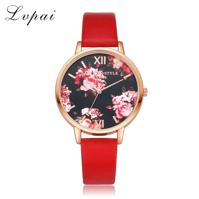 Lvpai Brand Women Bracelet Watch Fashion Rose Gold Flowers Leather Simple Women Dress Watches Luxury Business Gift Clock Watch