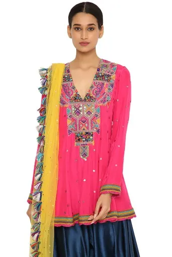 Medinna Hot Pink Colour Embroidered Kurta With Midnight Blue Colour Salwar And Yellow Net Dupatta
