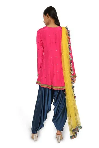 Medinna Hot Pink Colour Embroidered Kurta With Midnight Blue Colour Salwar And Yellow Net Dupatta