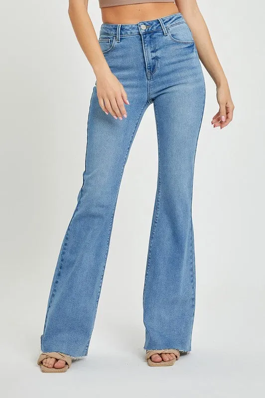 Medium Wash High Rise Bootcut Raw Hem Jeans - Risen Jeans