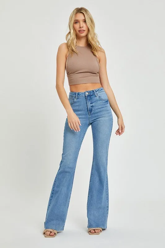 Medium Wash High Rise Bootcut Raw Hem Jeans - Risen Jeans