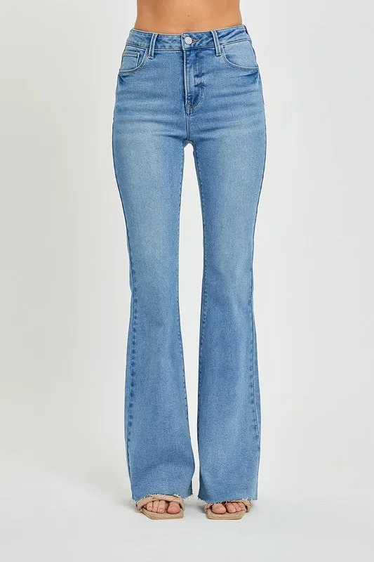Medium Wash High Rise Bootcut Raw Hem Jeans - Risen Jeans
