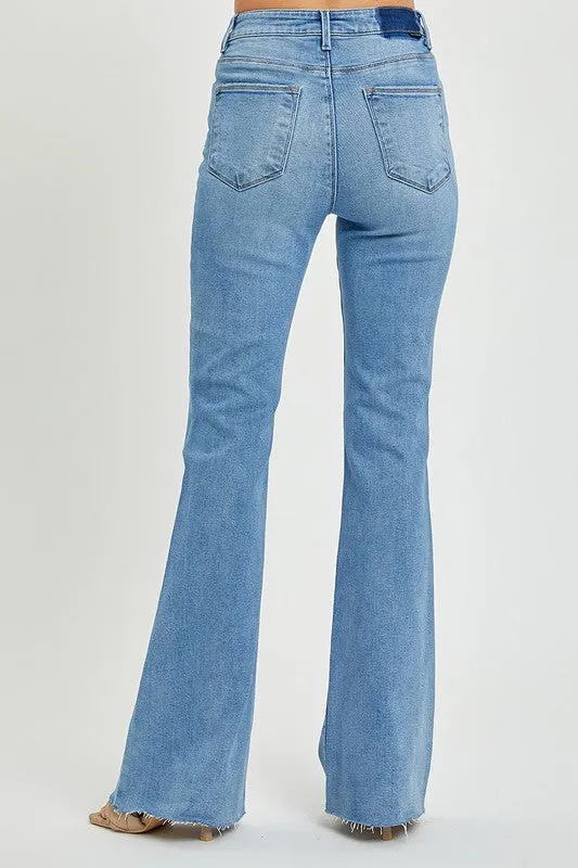 Medium Wash High Rise Bootcut Raw Hem Jeans - Risen Jeans